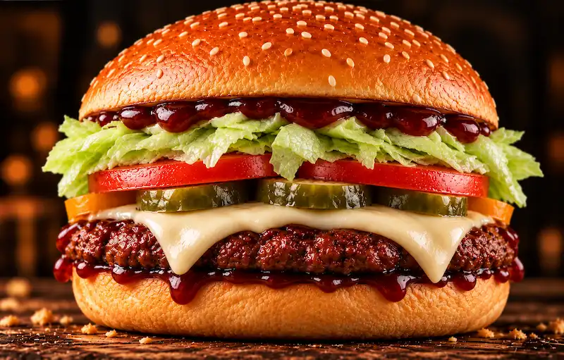 Hamburguesa Galeón Rojo con queso, tomate, lechuga y pepinillos