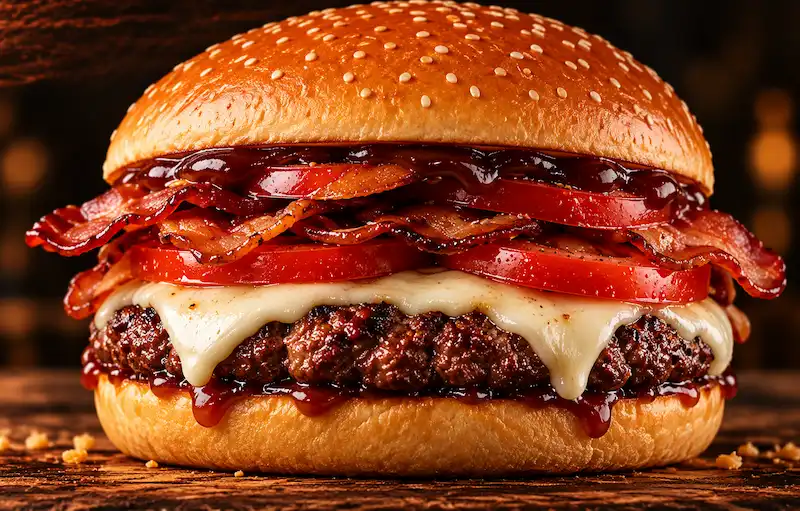 Hamburguesa Kraken con tocino, tomate y queso camba