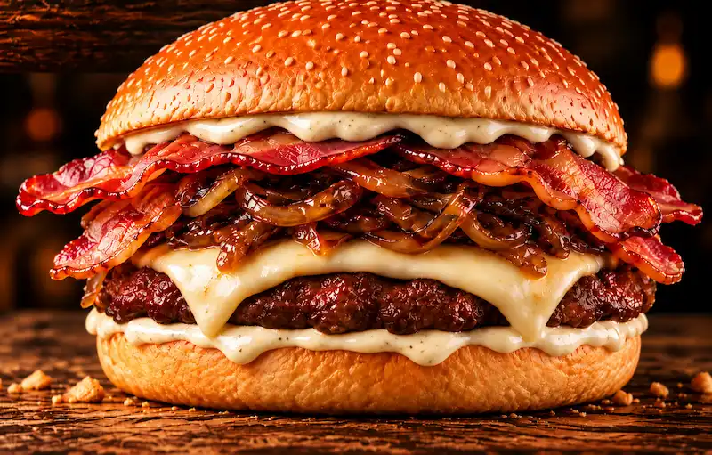 Hamburguesa Perla Negra con tocino y cebolla caramelizada